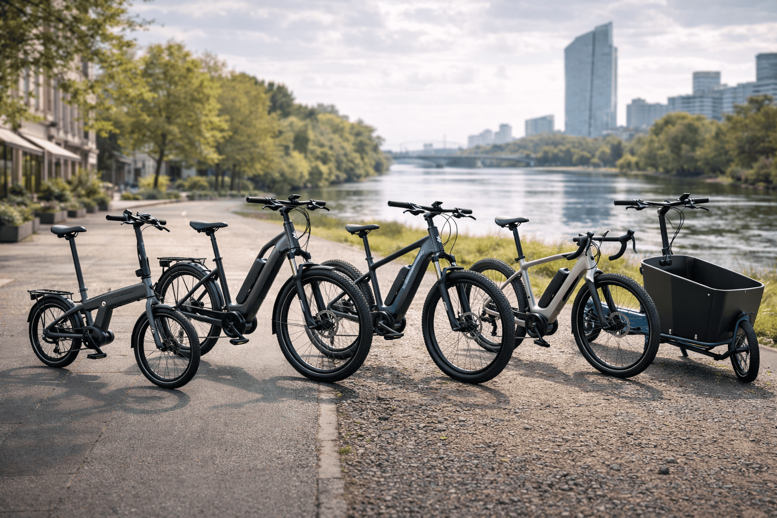 Vijf e-bikes in een stedelijke omgeving