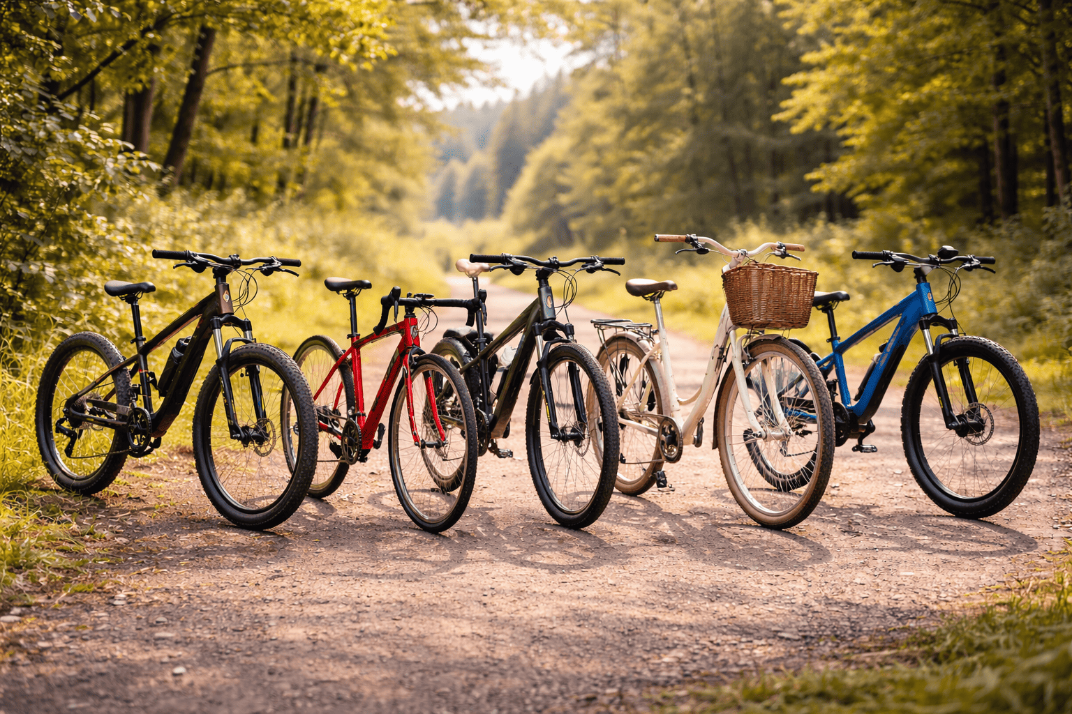 Vijf fietsen in het zonlicht
