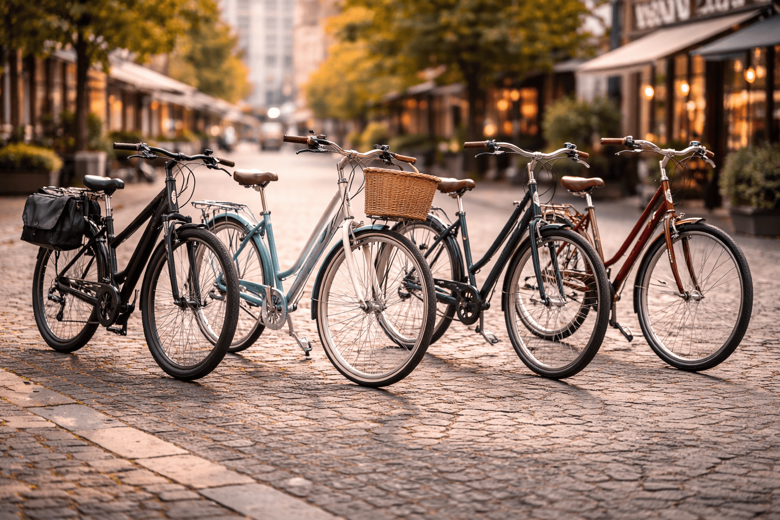Vijf stadsfietsen op een geplaveid pad