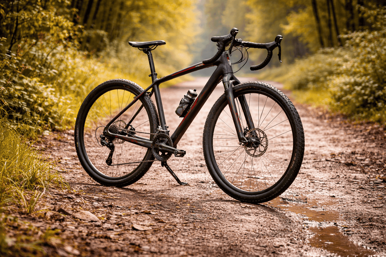 Gravelbike op een zonnig bospad